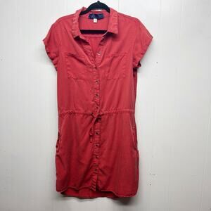 Blue Rain Short Sleeve Button Down Women's Shirt Red Orange Dress Size Medium